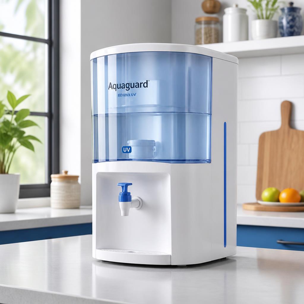 Compact UV water purifier on an Indian kitchen counter